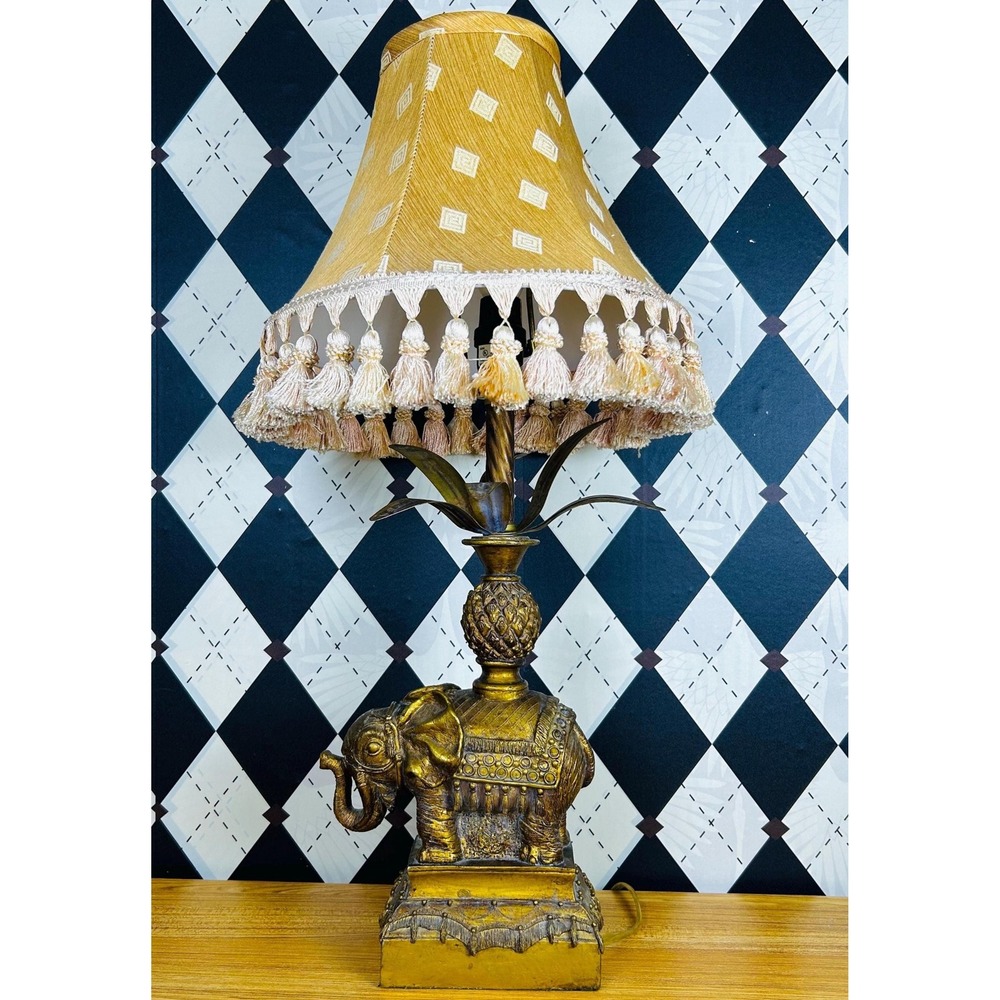 Hollywood Regency Table Lamp Ornate Base, Tasseled Shade Elephant & Pineapple